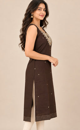 Dark Chocolate Brown Vichitra Silk Mirror Work Straight Kurti