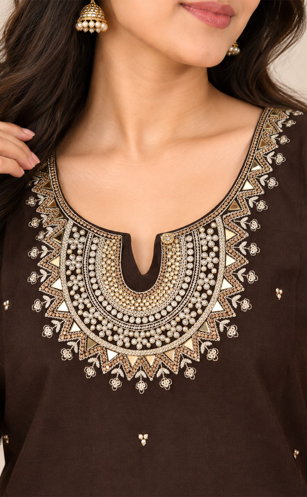Dark Chocolate Brown Vichitra Silk Mirror Work Straight Kurti
