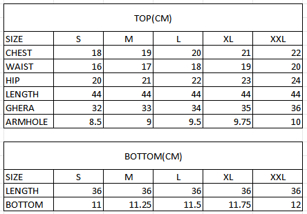 Size chart in cm