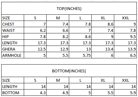 Size chart in inches
