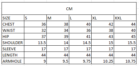 Size chart in cm