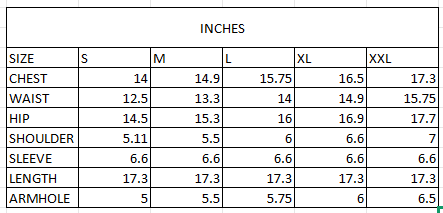 Size chart in inches