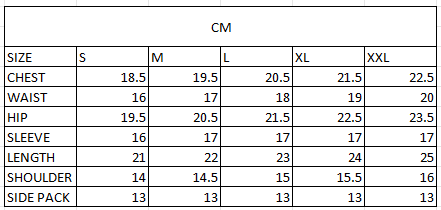 Size chart in cm