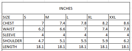 Size chart in inches