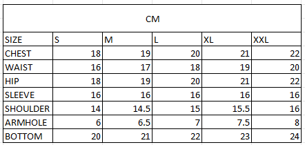 Size chart in cm