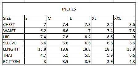 Size chart in inches