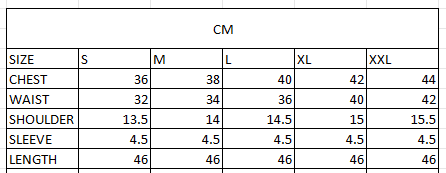 Size chart in cm