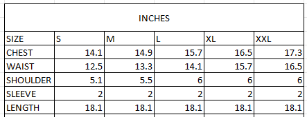 Size chart in inches