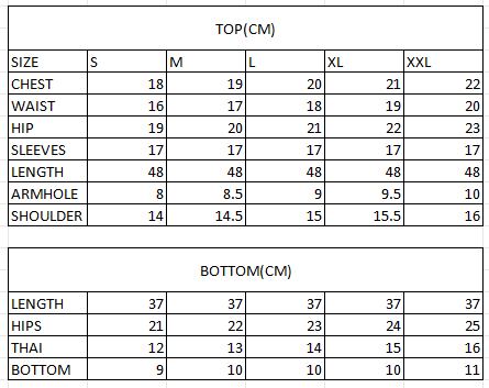 Size chart in cm