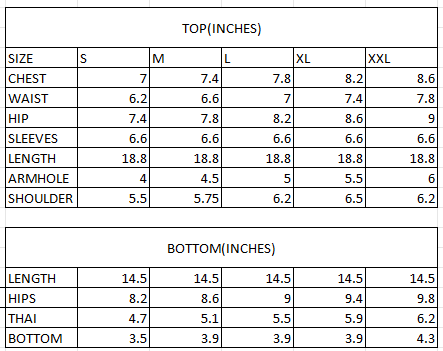 Size chart in inches