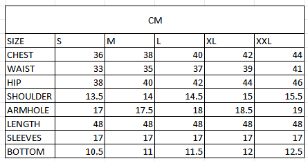 Size chart in cm