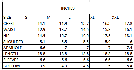 Size chart in inches