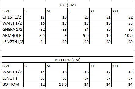 Size chart in cm