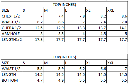 Size chart in inches