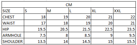 Size chart in cm