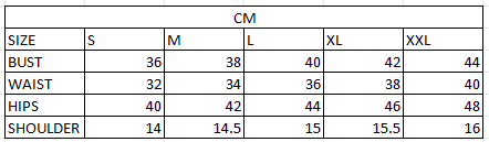 Size chart in cm