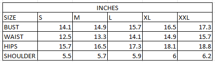 Size chart in inches