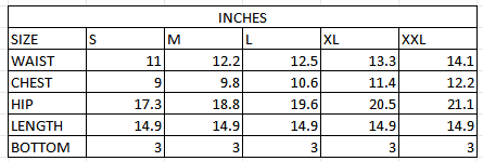 Size chart in inches