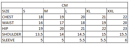 Size chart in cm
