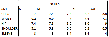 Size chart in inches