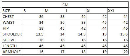 Size chart in cm