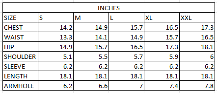 Size chart in inches