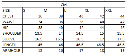 Size chart in cm
