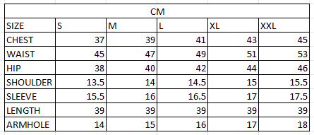 Size chart in cm
