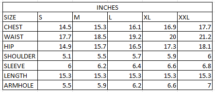Size chart in inches