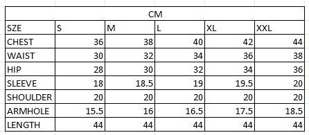 Size chart in cm