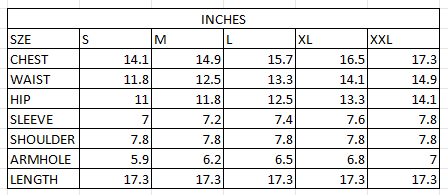 Size chart in inches