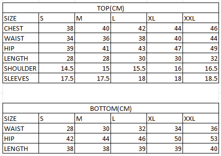 Size chart in cm