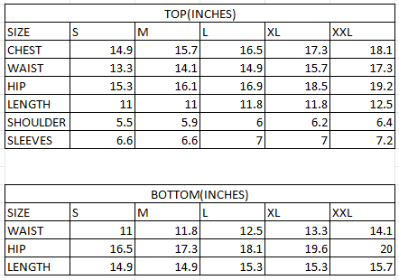 Size chart in inches