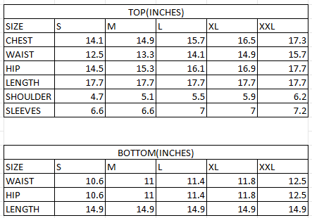 Size chart in inches