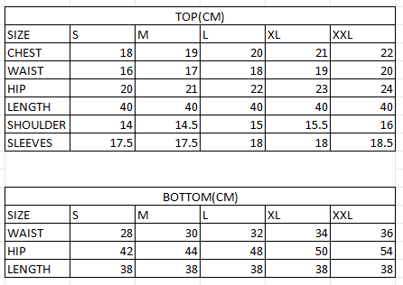 Size chart in cm