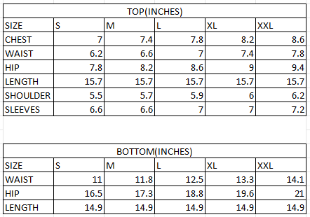Size chart in inches