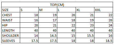 Size chart in cm