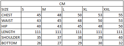 Size chart in cm