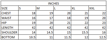 Size chart in inches