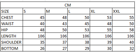 Size chart in cm