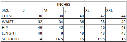 Size chart in inches
