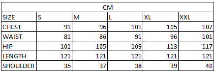 Size chart in cm