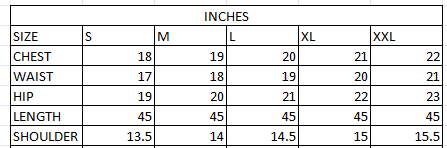 Size chart in inches