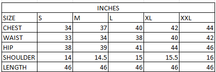 Size chart in inches