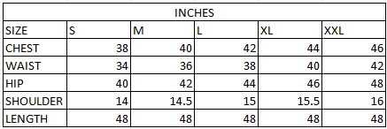 Size chart in inches