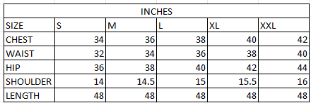 Size chart in inches