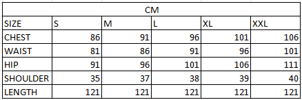 Size chart in cm