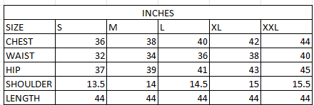 Size chart in inches