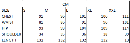 Size chart in cm