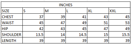 Size chart in inches